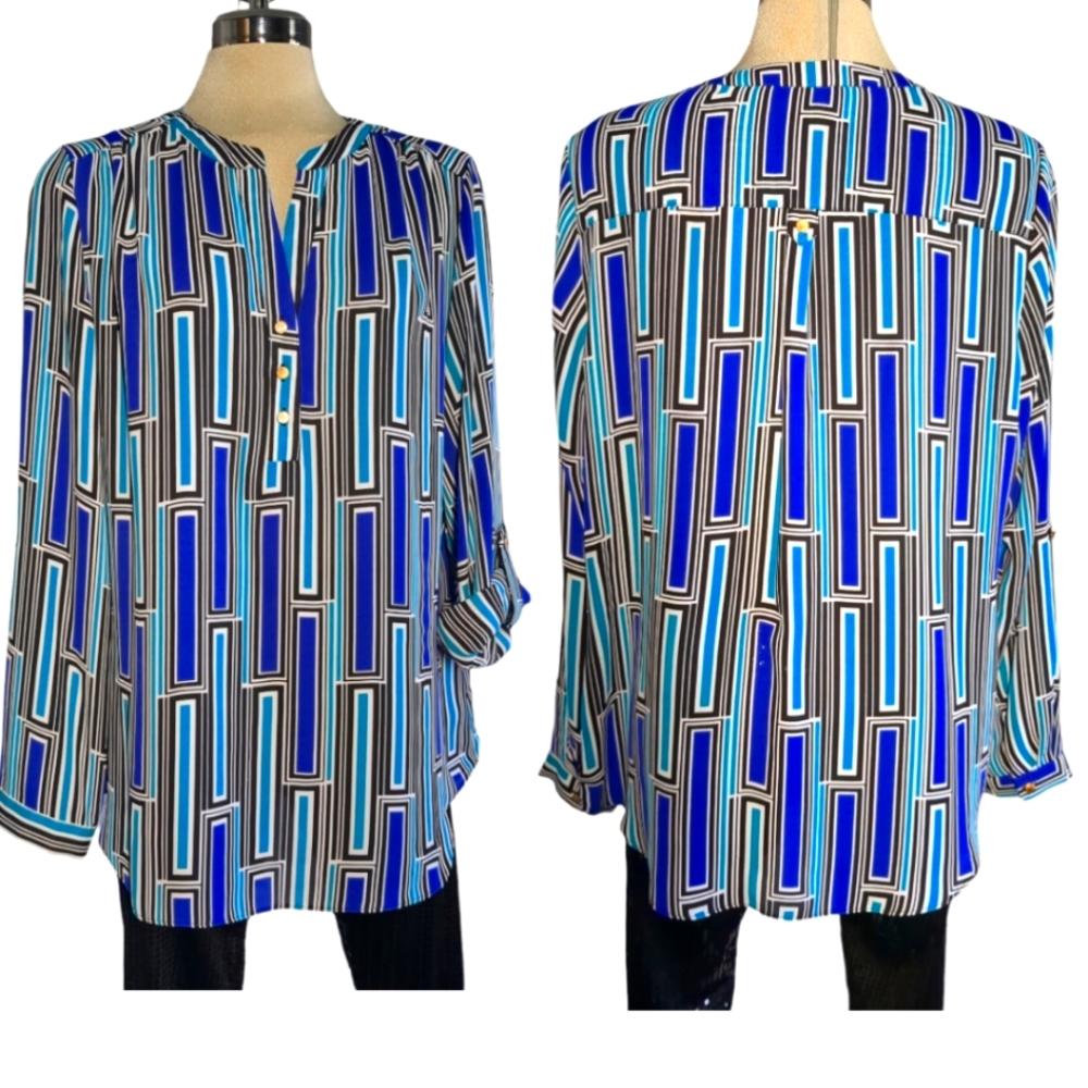INVESTMENTS Royal Blue Long Sleeves Multicolour Blouse Size LG